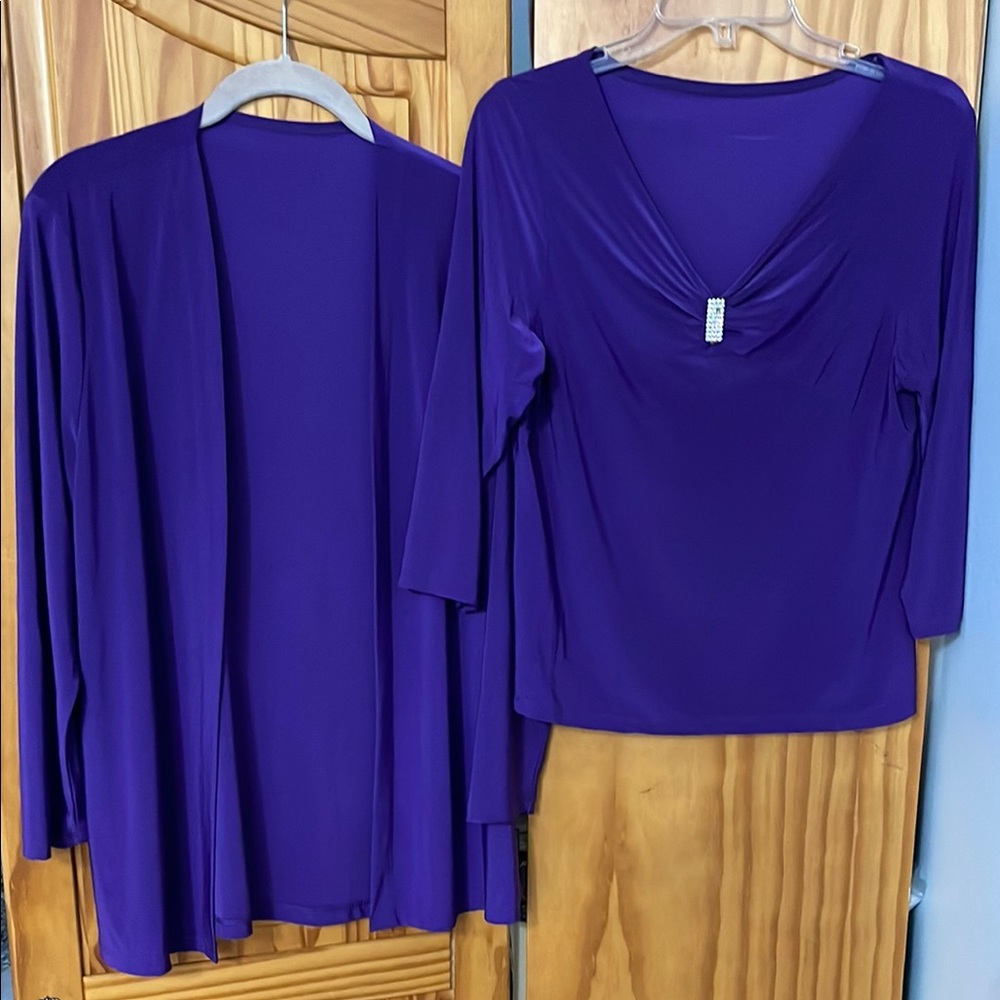 AMANDA JEWEL ACCENT BLOUSE & CARDIGAN SET WOMEN M PURPLE 3/4 SLEEVE WRINKLE FREE